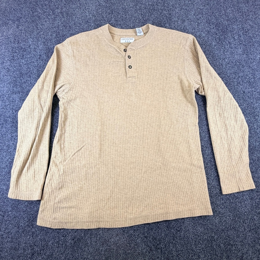 Covington Mens Henley Shirt Medium Tan Beige Ribbed Long Sleeve Cotton 4557